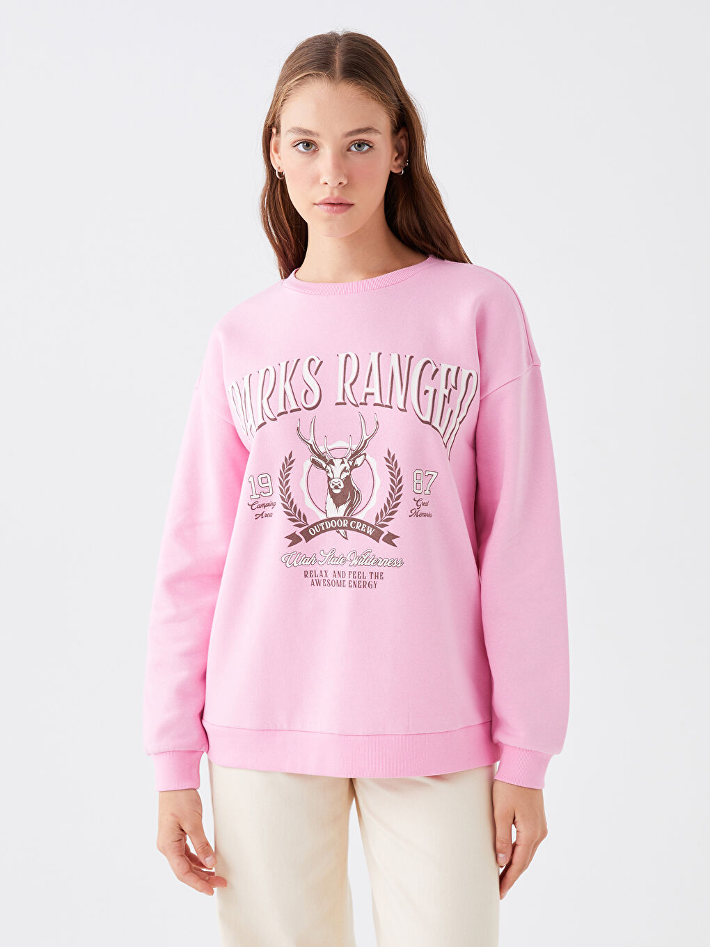 LCW Vision Pembe Leylak Bisiklet Yaka Baskılı Uzun Kollu Kadın Sweatshirt