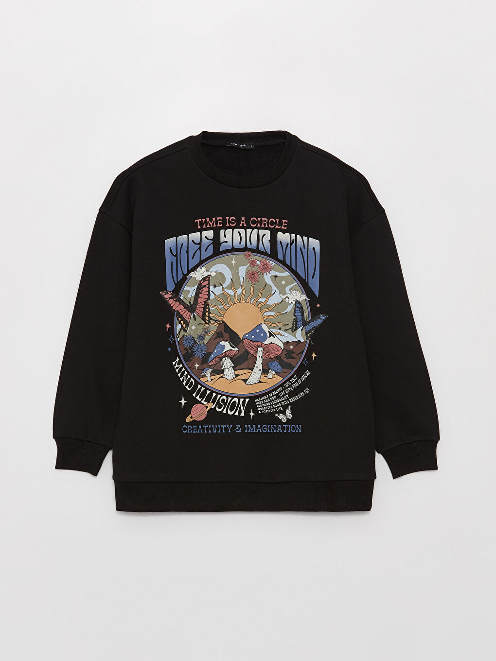 LCW Vision Siyah Bisiklet Yaka Baskılı Oversize Kadın Kalın Sweatshirt - 5