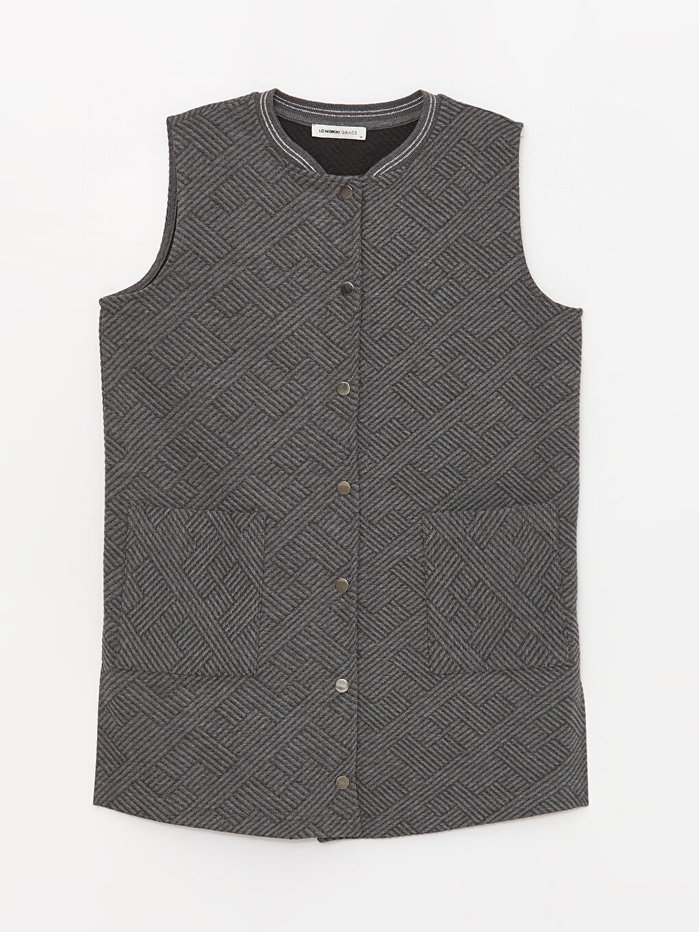 Antrasit Kolej Yaka Kendinden Desenli Kadın Yelek-4