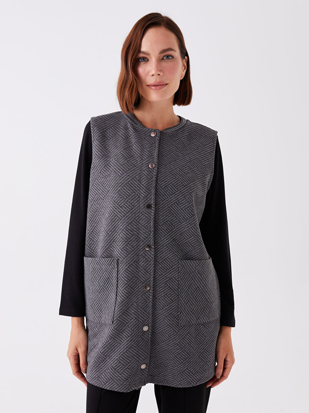 Antrasit Kolej Yaka Kendinden Desenli Kadın Yelek