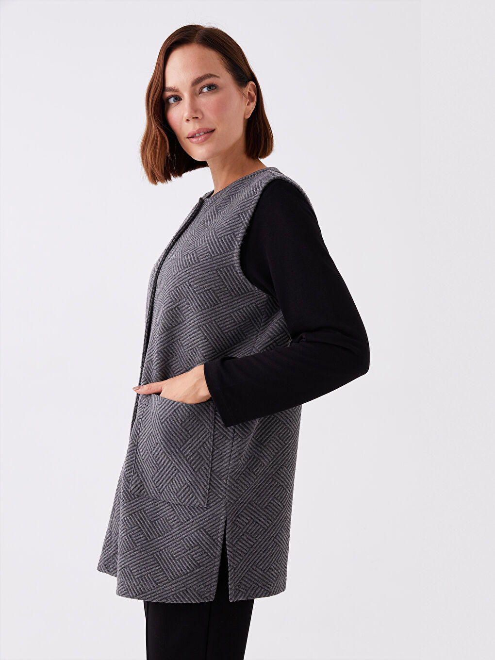 Antrasit Kolej Yaka Kendinden Desenli Kadın Yelek-1