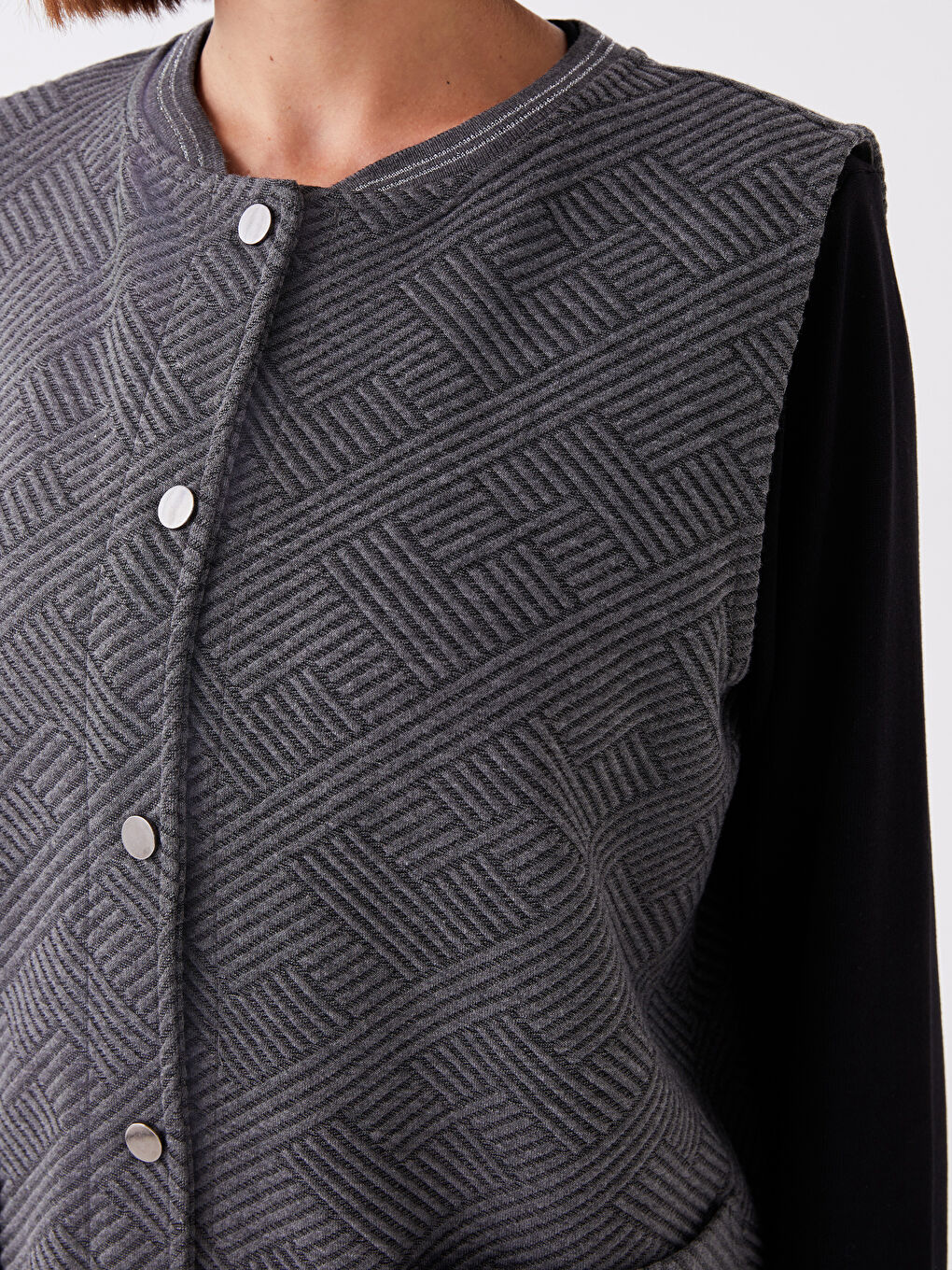 Antrasit Kolej Yaka Kendinden Desenli Kadın Yelek-2