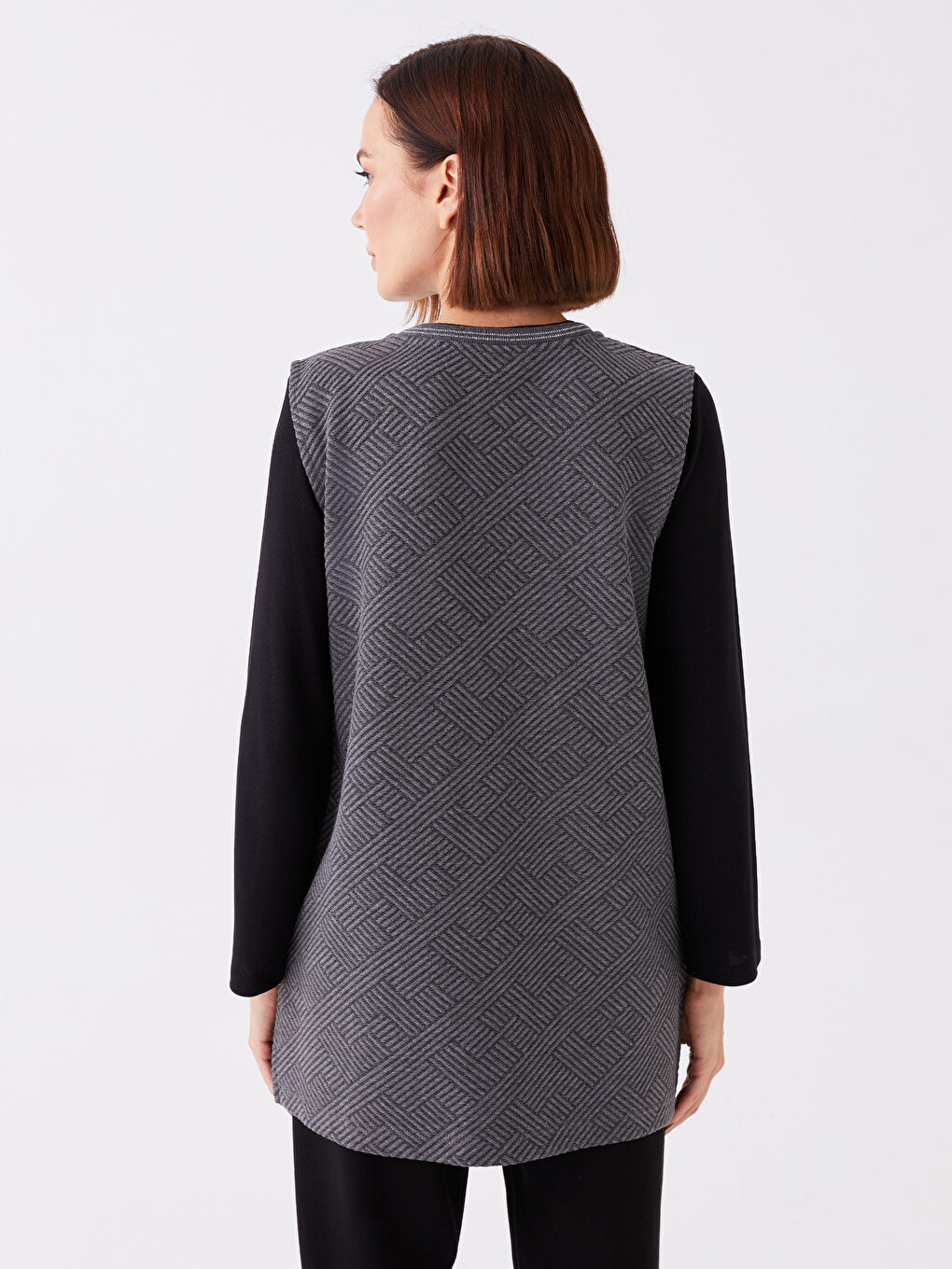 Antrasit Kolej Yaka Kendinden Desenli Kadın Yelek-3