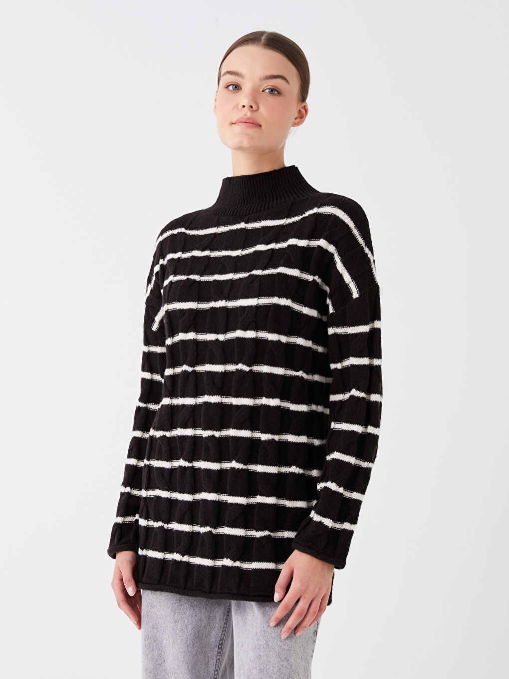 LCW Modest Half Turtleneck Striped Long Sleeve Women's Knitwear Sweater -W3CF67Z8-LEG