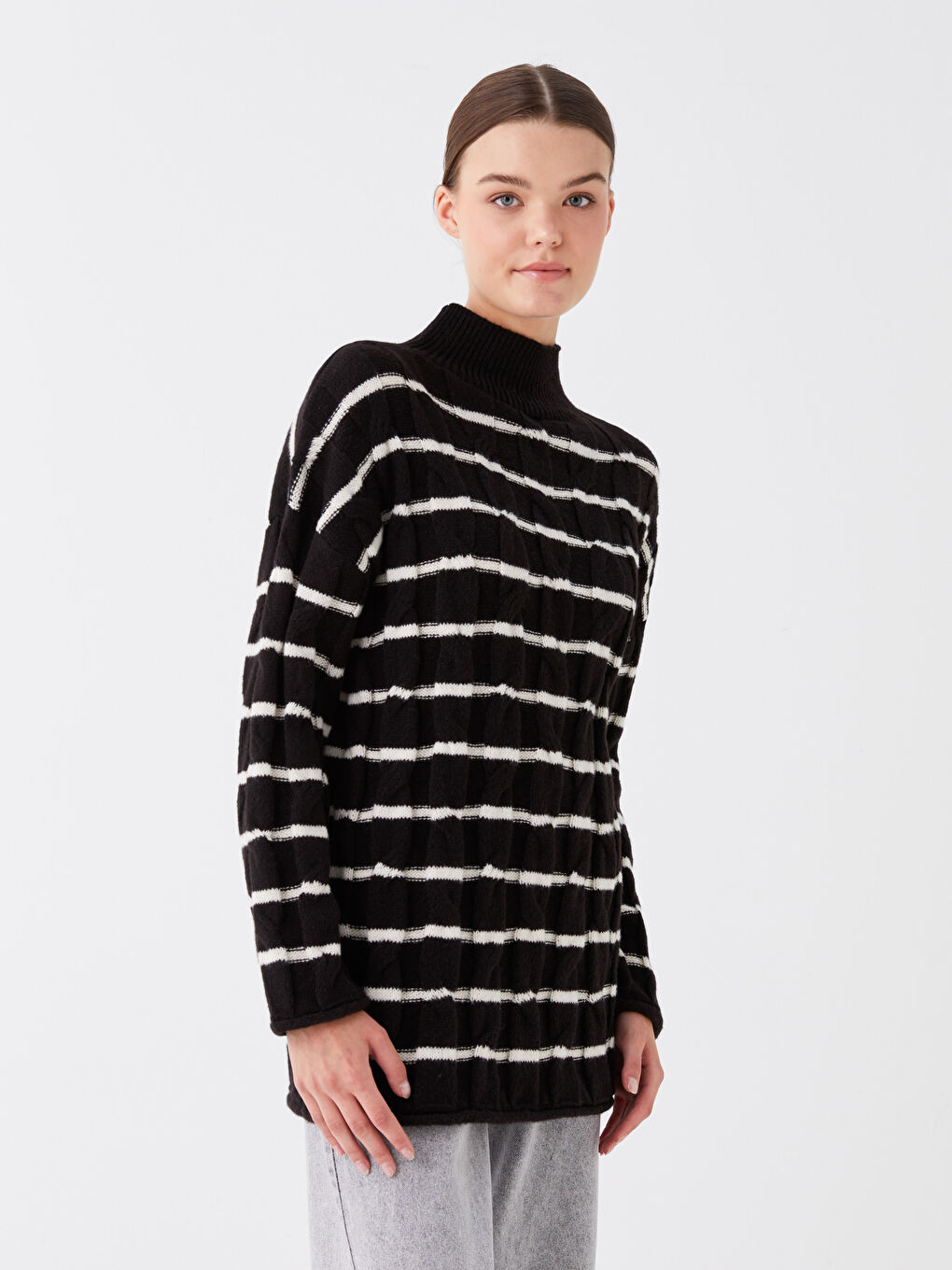 LCW Modest Half Turtleneck Striped Long Sleeve Women's Knitwear Sweater -W3CF67Z8-LEG