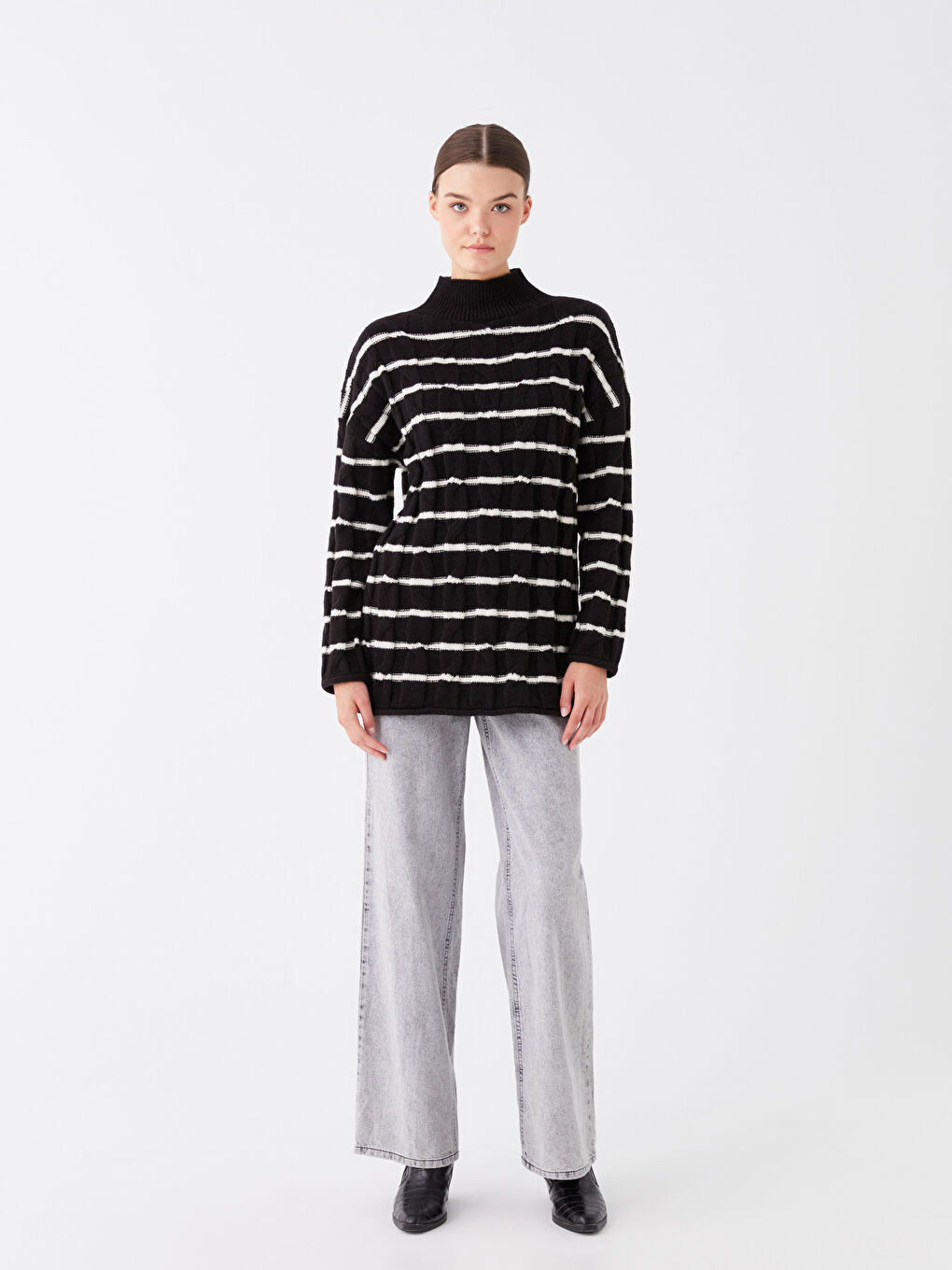 LCW Modest Half Turtleneck Striped Long Sleeve Women's Knitwear Sweater -W3CF67Z8-LEG