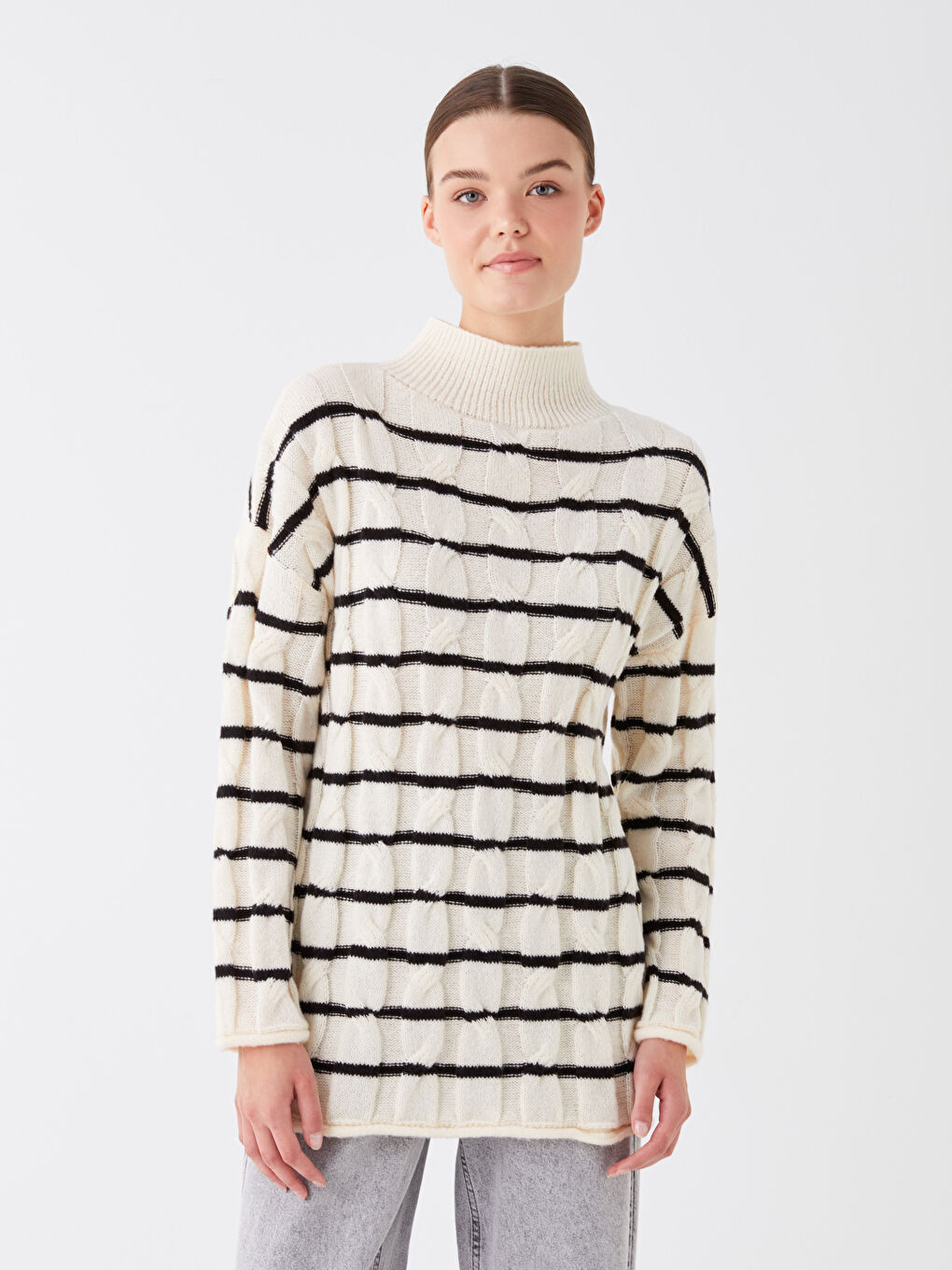 LCW Modest Half Turtleneck Striped Long Sleeve Women's Knitwear Sweater -W3CF67Z8-SZ5