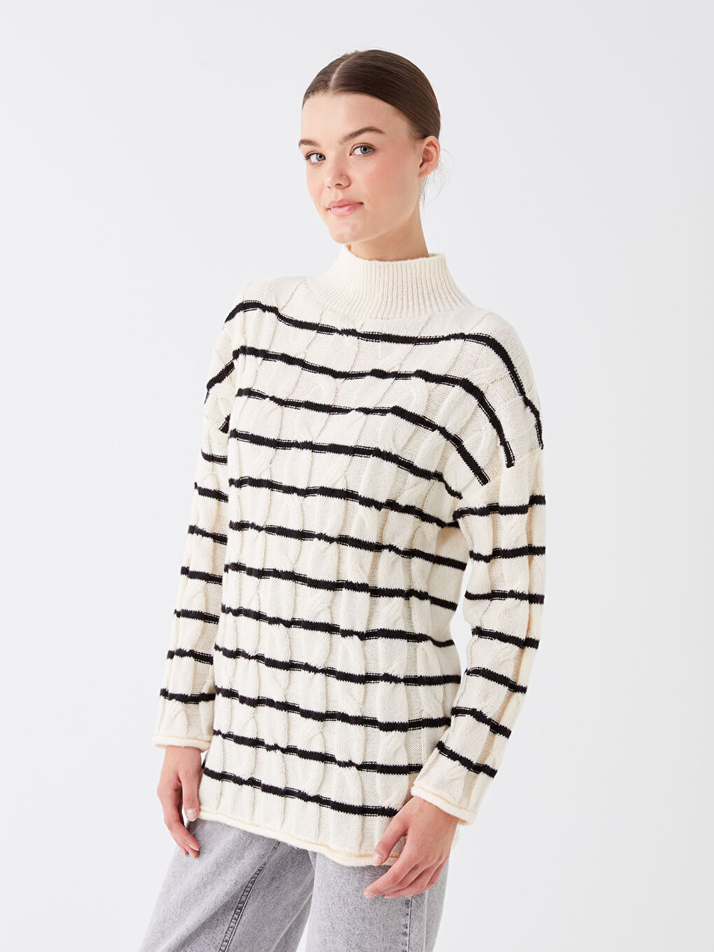 LCW Modest Half Turtleneck Striped Long Sleeve Women's Knitwear Sweater -W3CF67Z8-SZ5