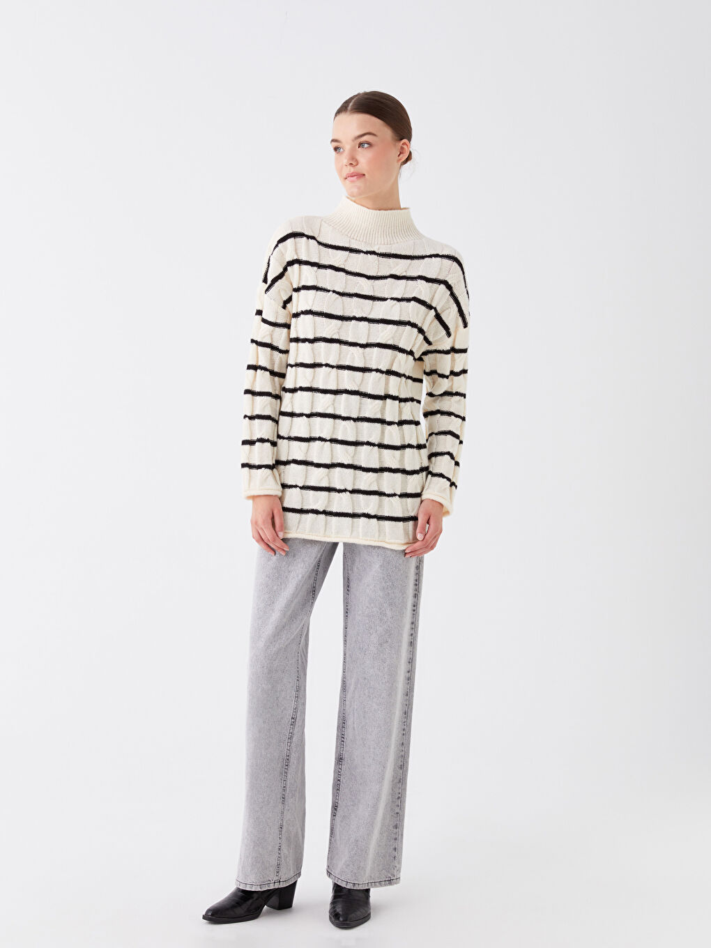 LCW Modest Half Turtleneck Striped Long Sleeve Women's Knitwear Sweater -W3CF67Z8-SZ5