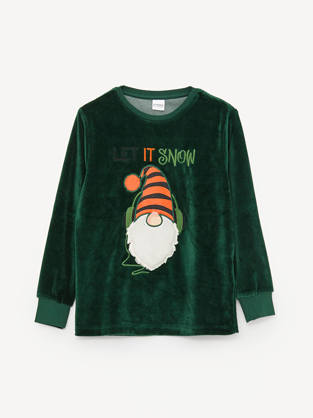 Yeşil Bisiklet Yaka Yılbaşı Temalı Uzun Kollu Kadife Erkek Çocuk Pijama Takımı-1