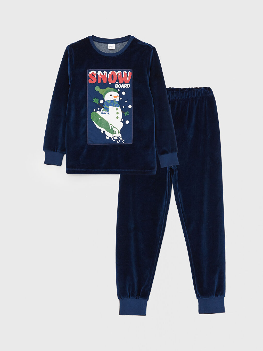 LCW Kids Lacivert Bisiklet Yaka Nakışlı Uzun Kollu Kadife Erkek Çocuk Pijama Takımı