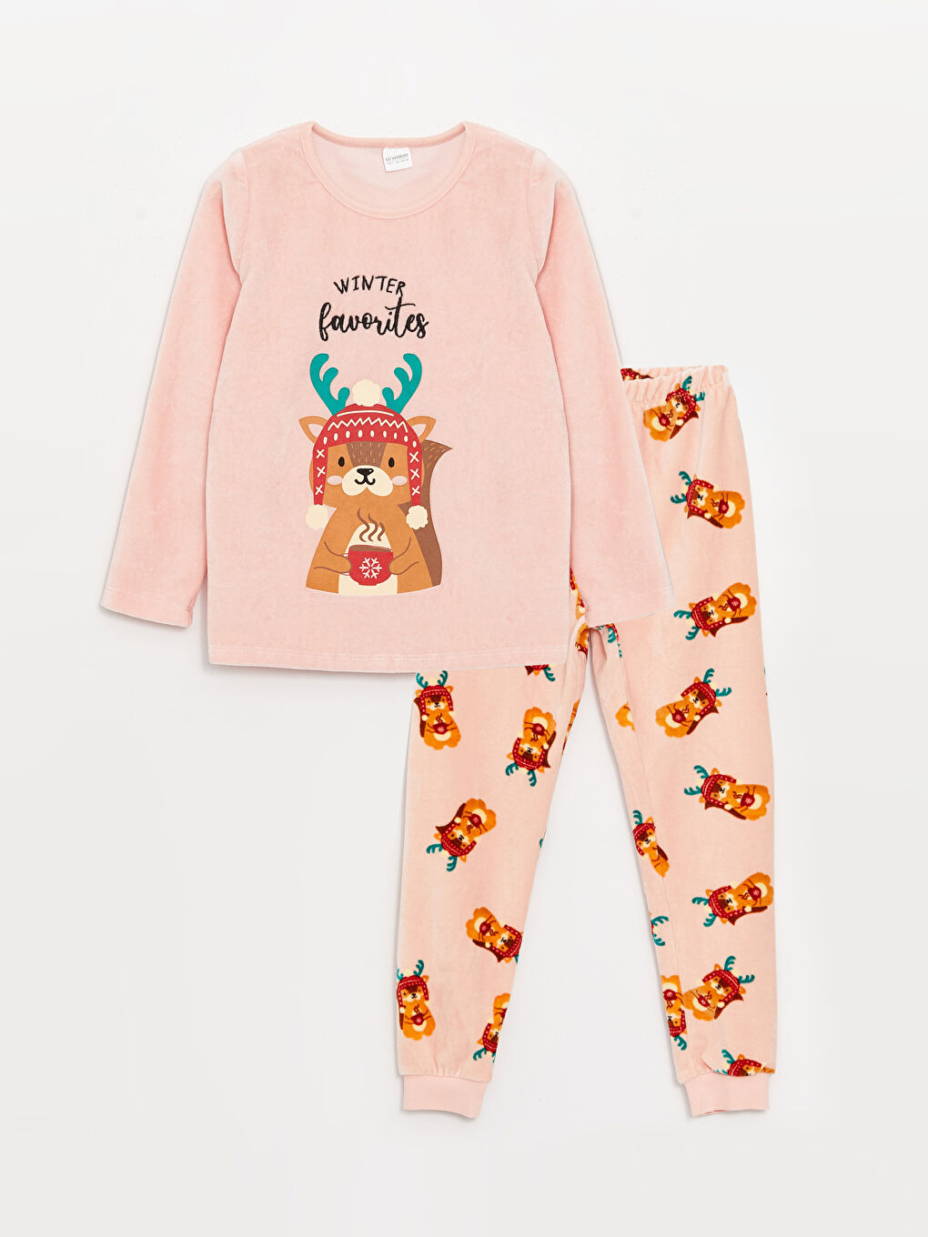 LCW Kids Pembe Bisiklet Yaka Yılbaşı Temalı Uzun Kollu Kadife Kız Çocuk Pijama Takımı