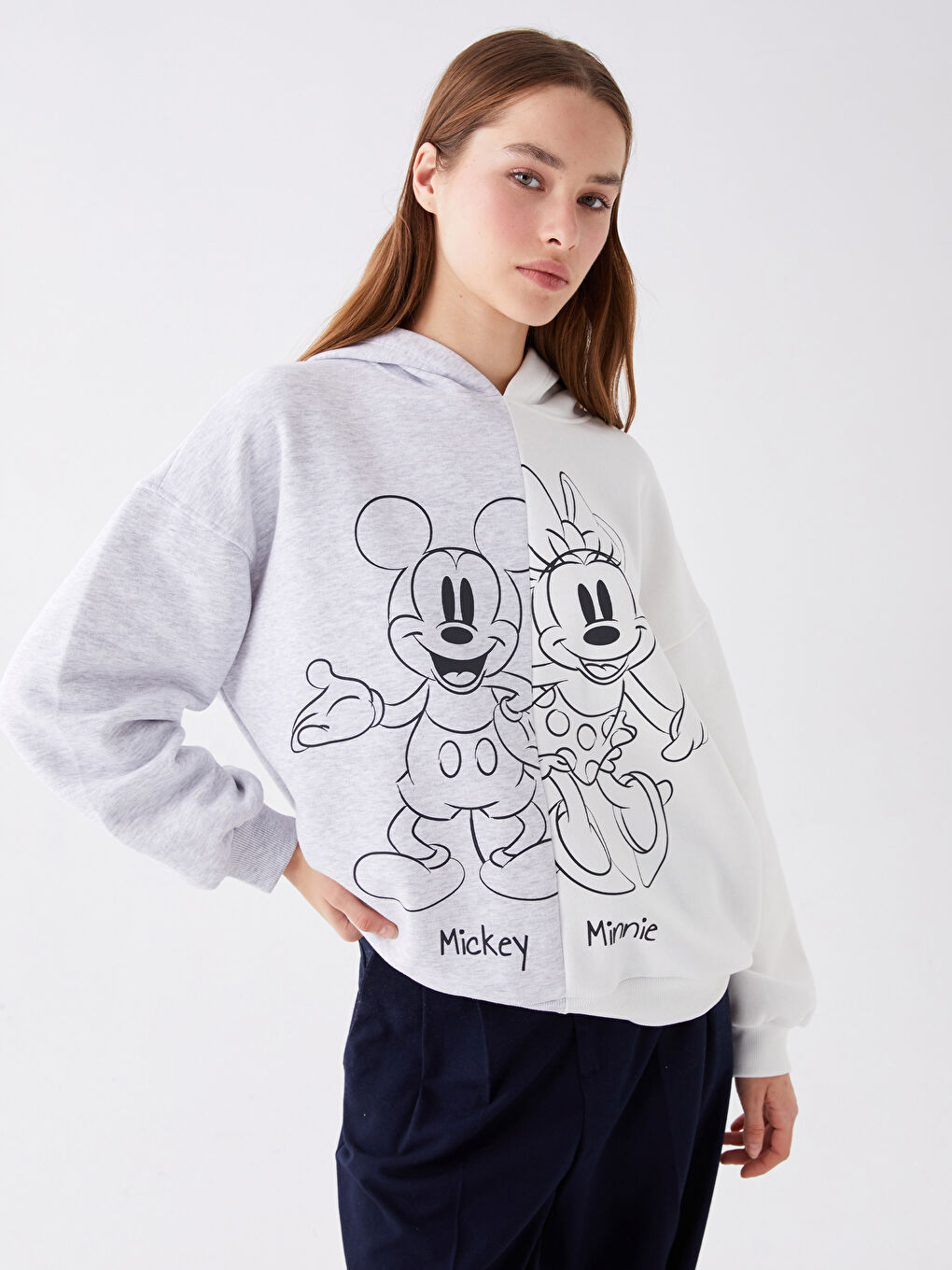 LCW Vision Gri Melanj Mickey ve Minnie Mouse Baskılı Uzun Kollu Oversize Kadın Hoodie