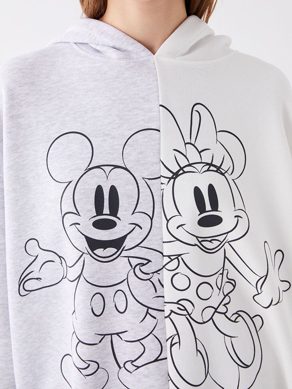 LCW Vision Gri Melanj Mickey ve Minnie Mouse Baskılı Uzun Kollu Oversize Kadın Hoodie - 3