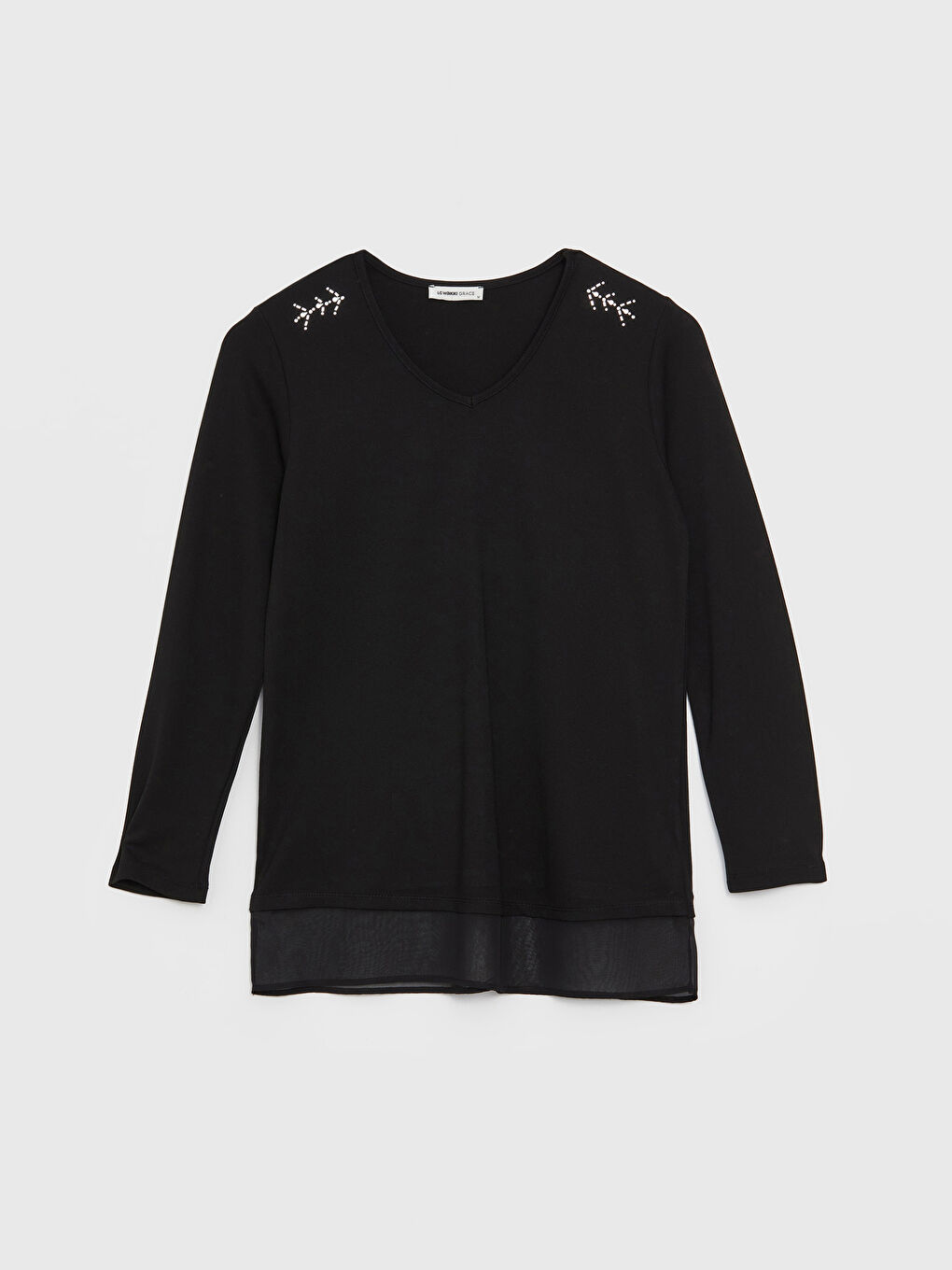 Siyah V Yaka Taşlı Uzun Kollu Kadın Bluz-5