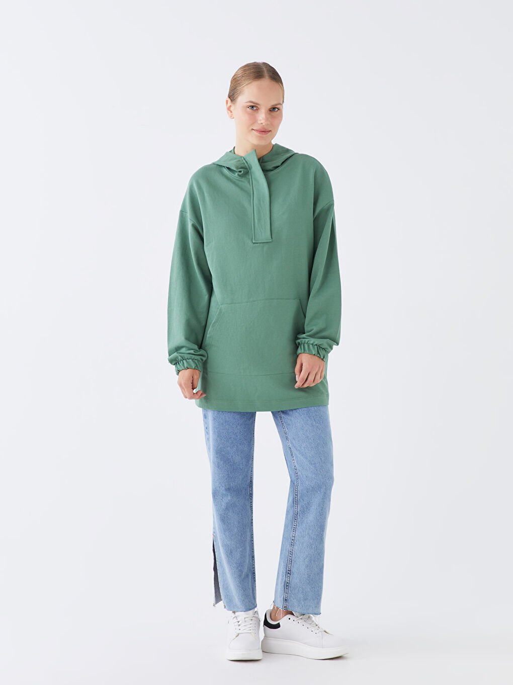 LCW Modest Yeşil Kapüşonlu Düz Uzun Kollu Oversize Kadın Sweatshirt - 2