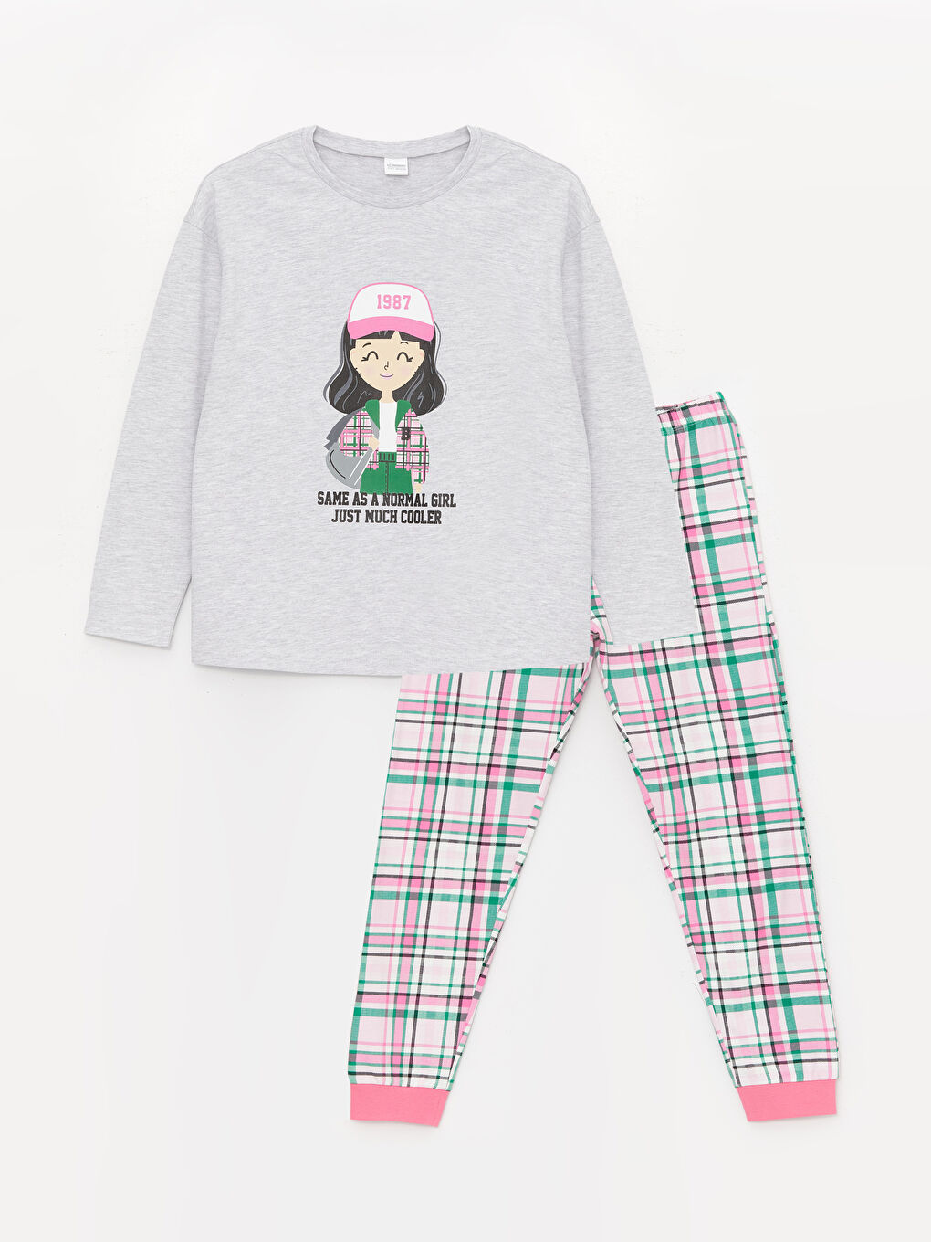 LCW Kids Gri Bisiklet Yaka Baskılı Uzun Kollu Kız Çocuk Pijama Takımı