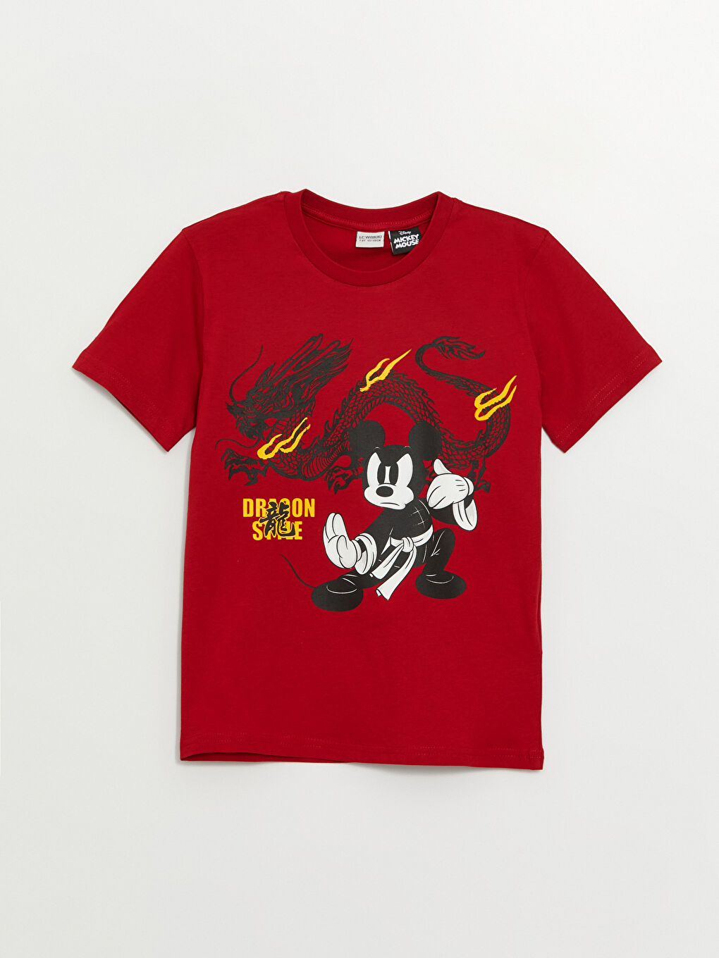 Kırmızı Bisiklet Yaka Mickey Mouse Baskılı Kısa Kollu Erkek Çocuk Tişört