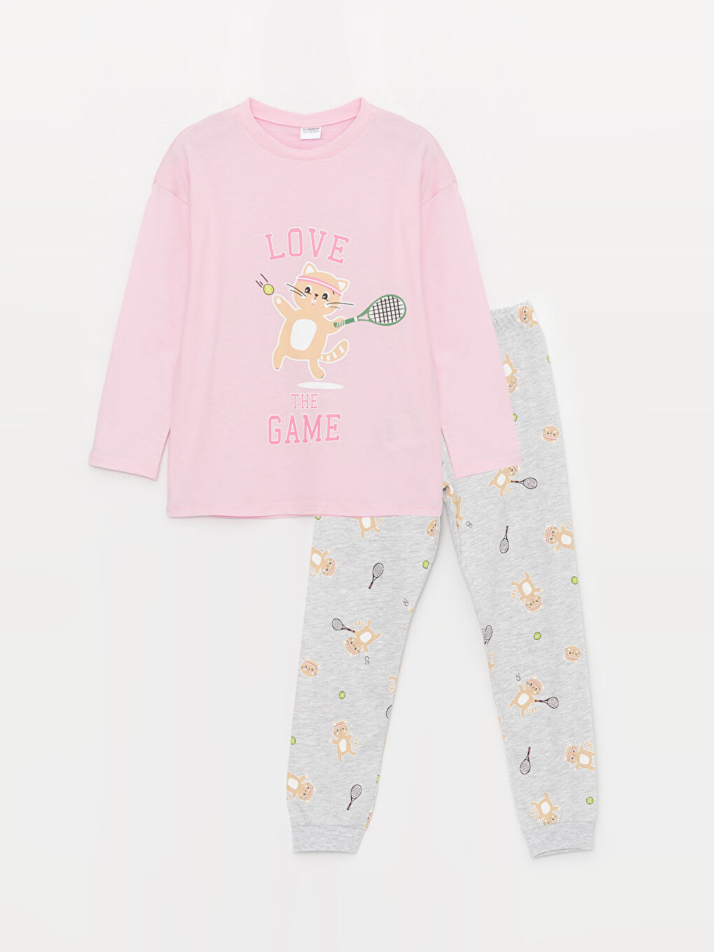 LCW Kids Pembe Bisiklet Yaka Baskılı Uzun Kollu Kız Çocuk Pijama Takımı