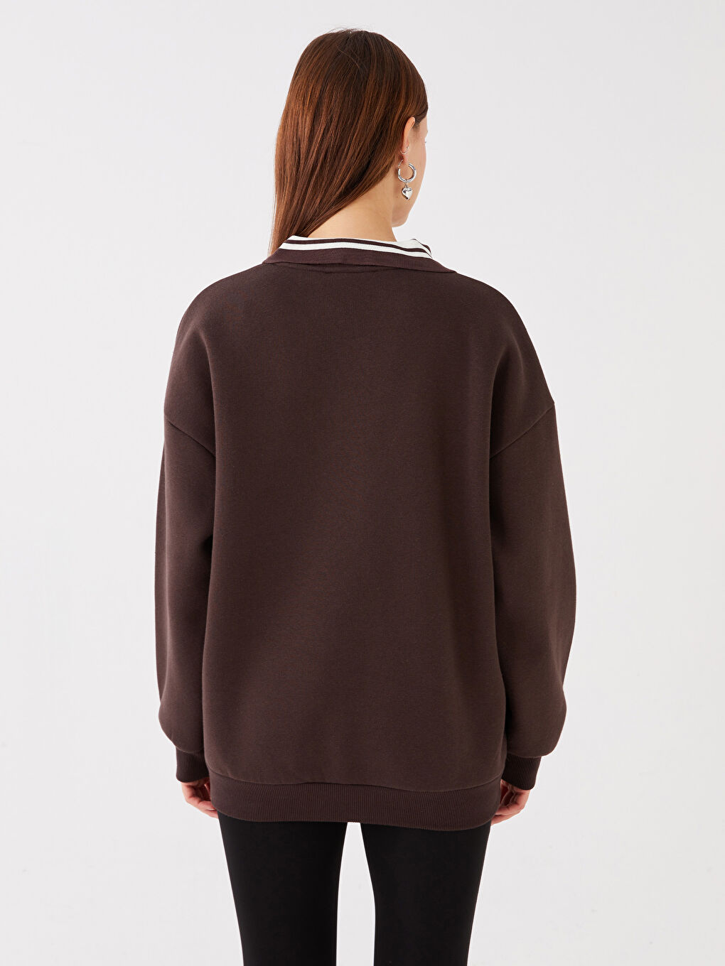 Kahverengi Polo Yaka Baskılı Oversize Kadın Kalın Sweatshirt-4