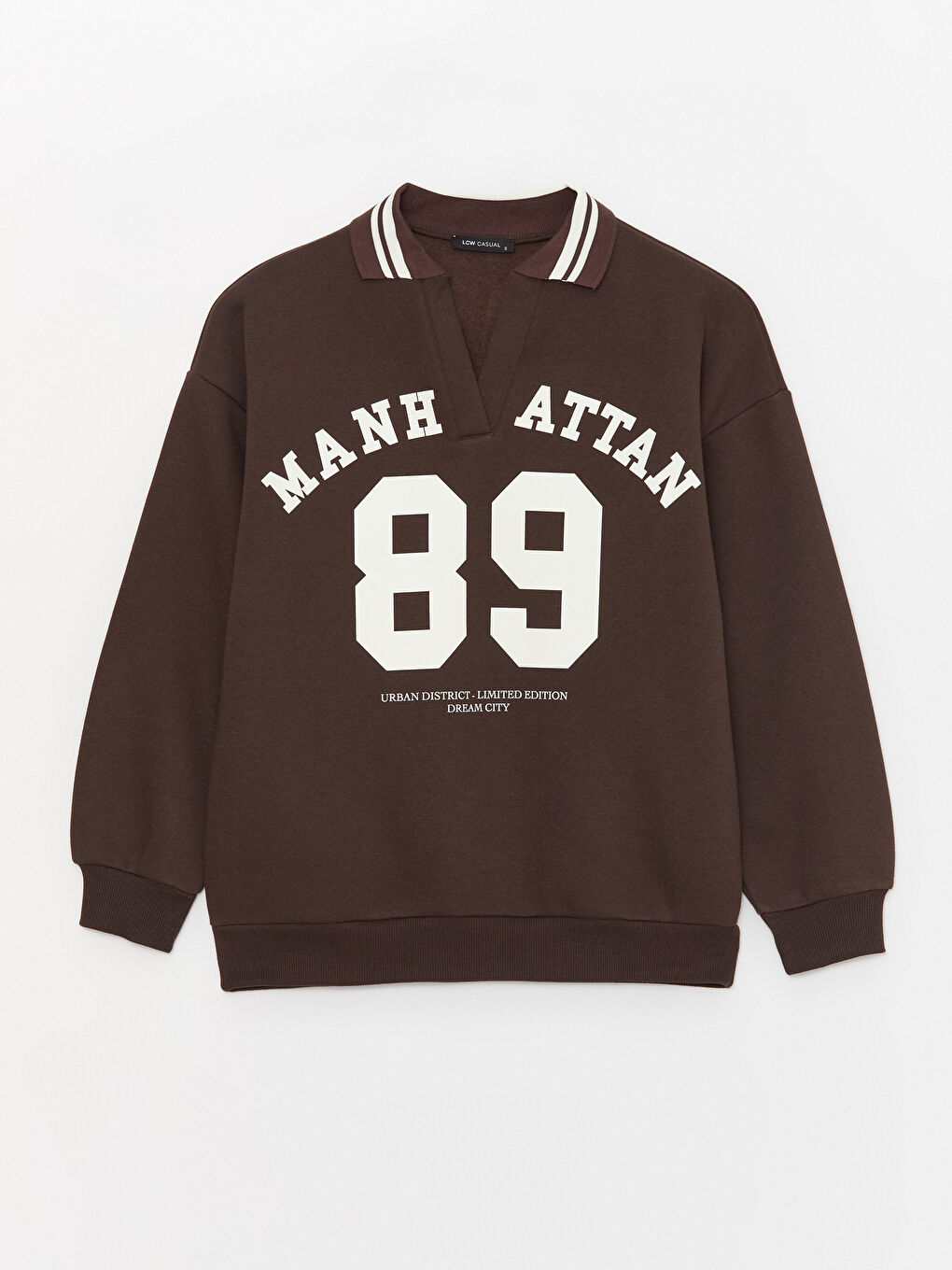 Kahverengi Polo Yaka Baskılı Oversize Kadın Kalın Sweatshirt-5