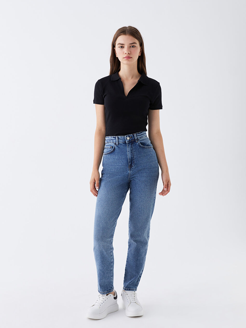 İndigo Yüksek Bel Mom Fit Kadın Jean Pantolon-1