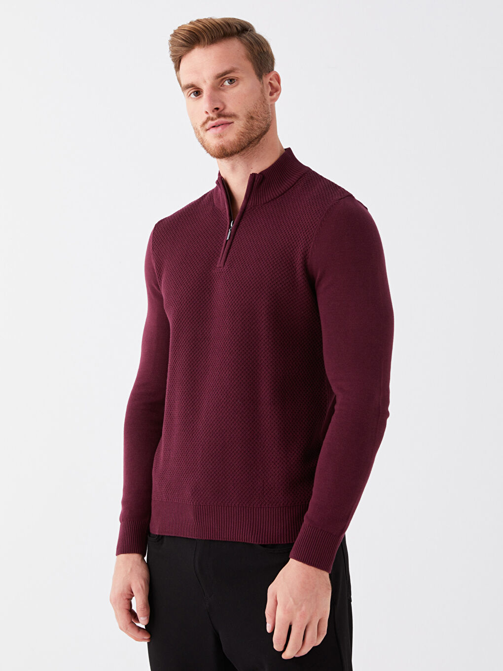 Funnel Neck Long Sleeve Men's Knitwear Sweater