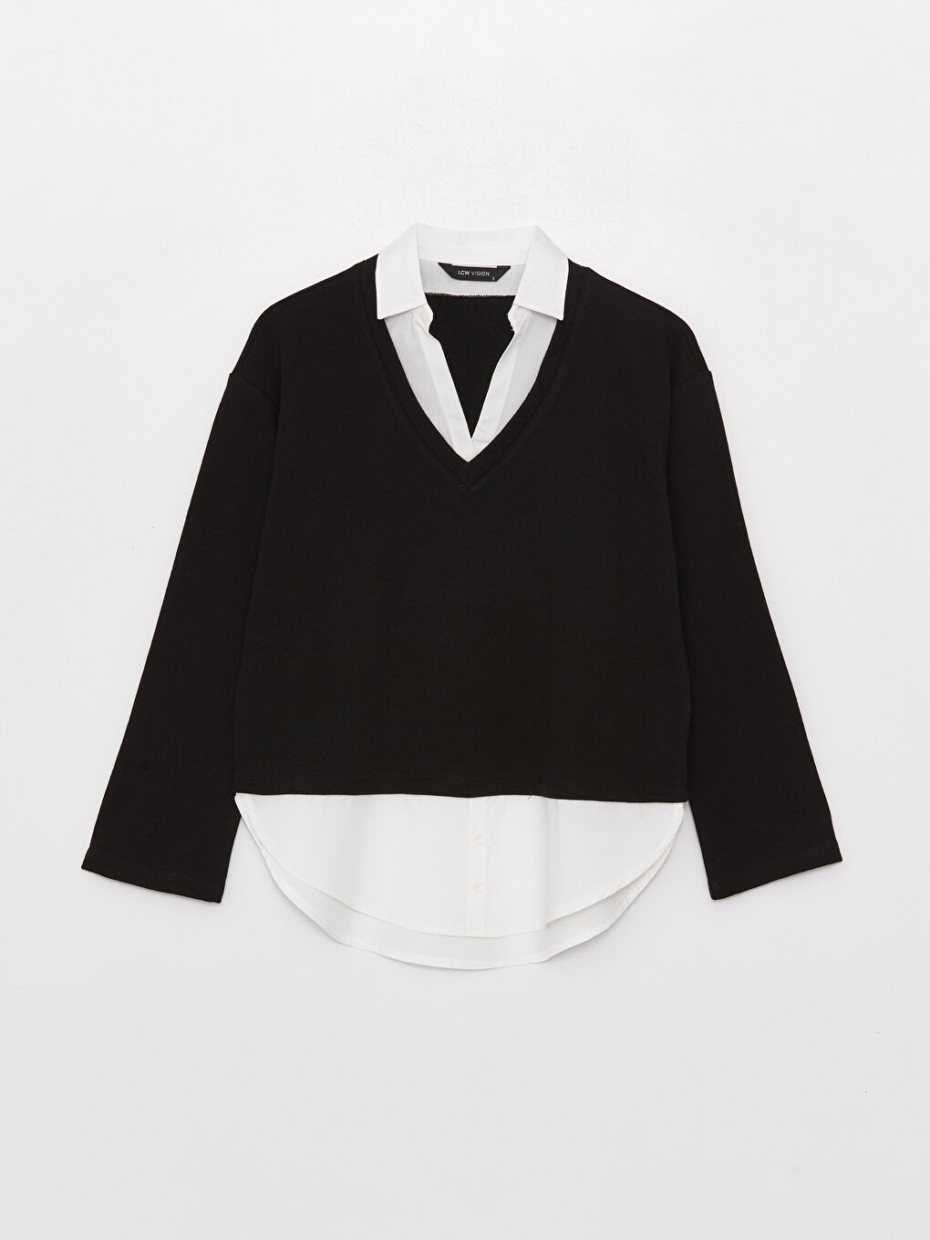 Siyah Gömlek Yaka Düz Oversize Kadın Sweatshirt-5