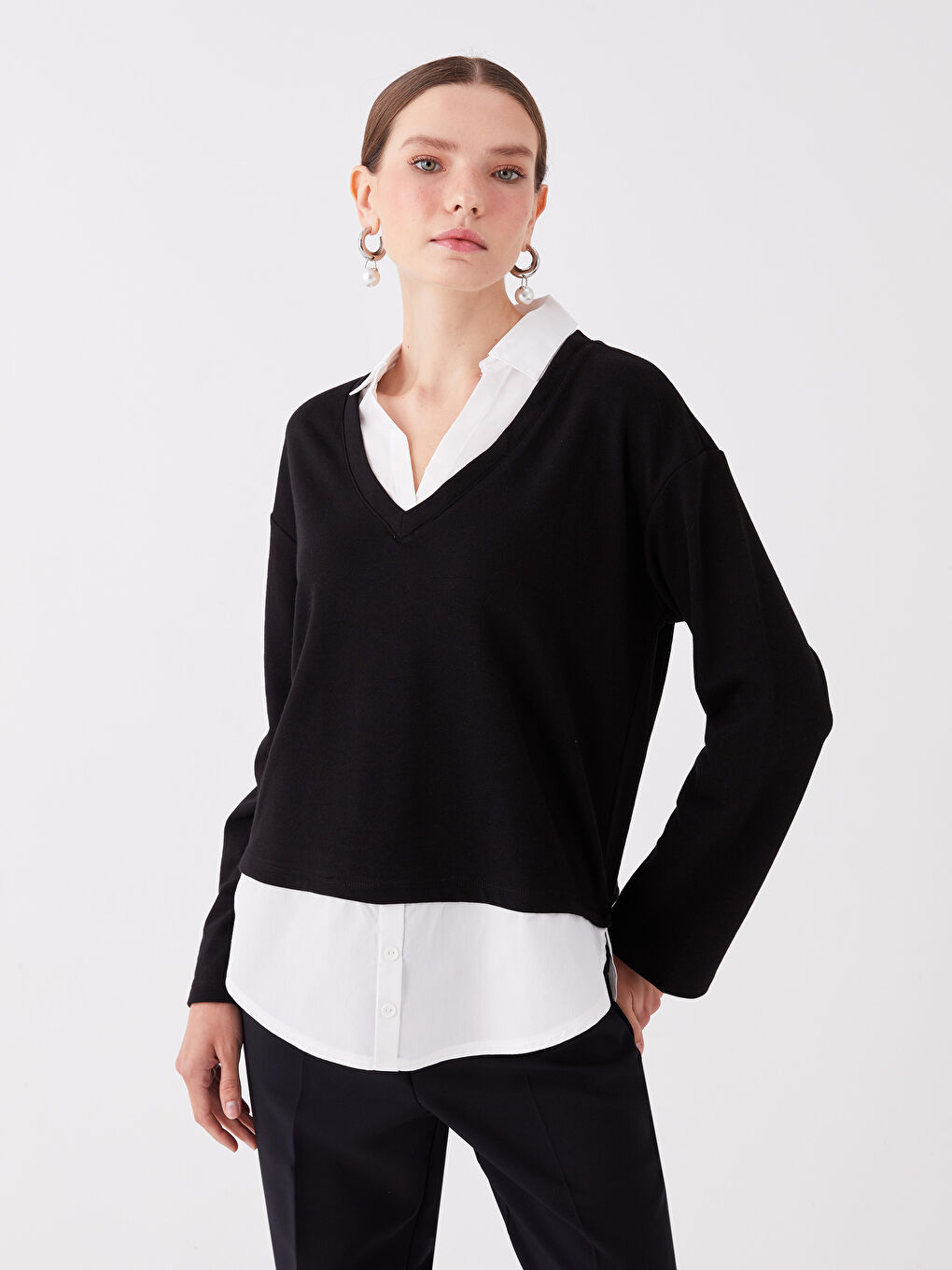 Siyah Gömlek Yaka Düz Oversize Kadın Sweatshirt-1