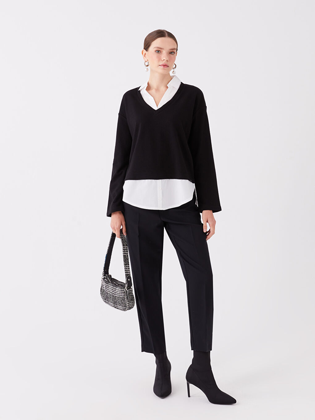 Siyah Gömlek Yaka Düz Oversize Kadın Sweatshirt-2