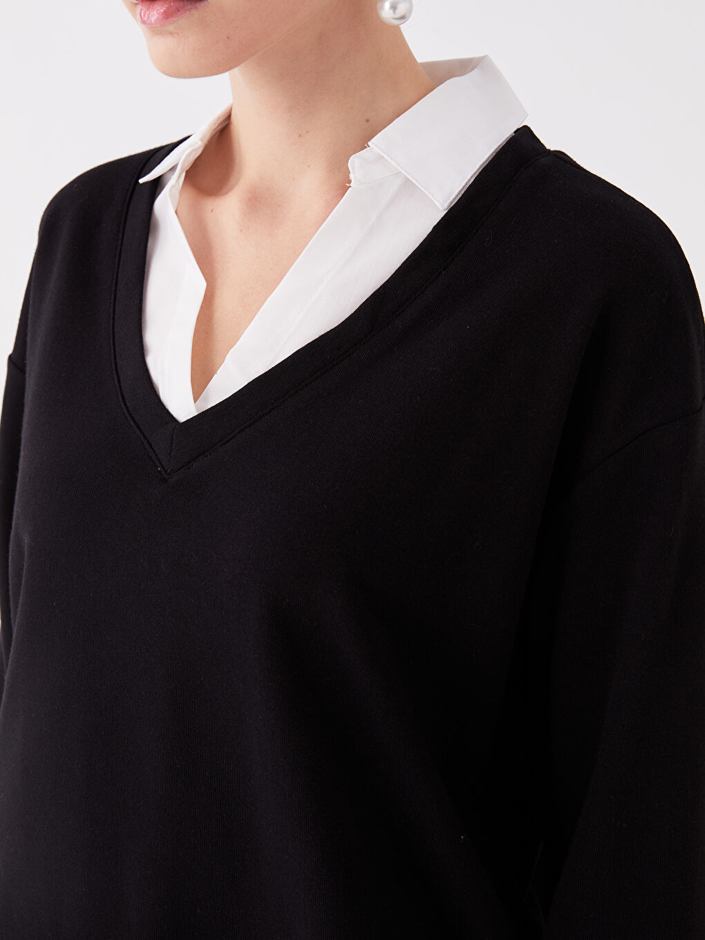 Siyah Gömlek Yaka Düz Oversize Kadın Sweatshirt-3