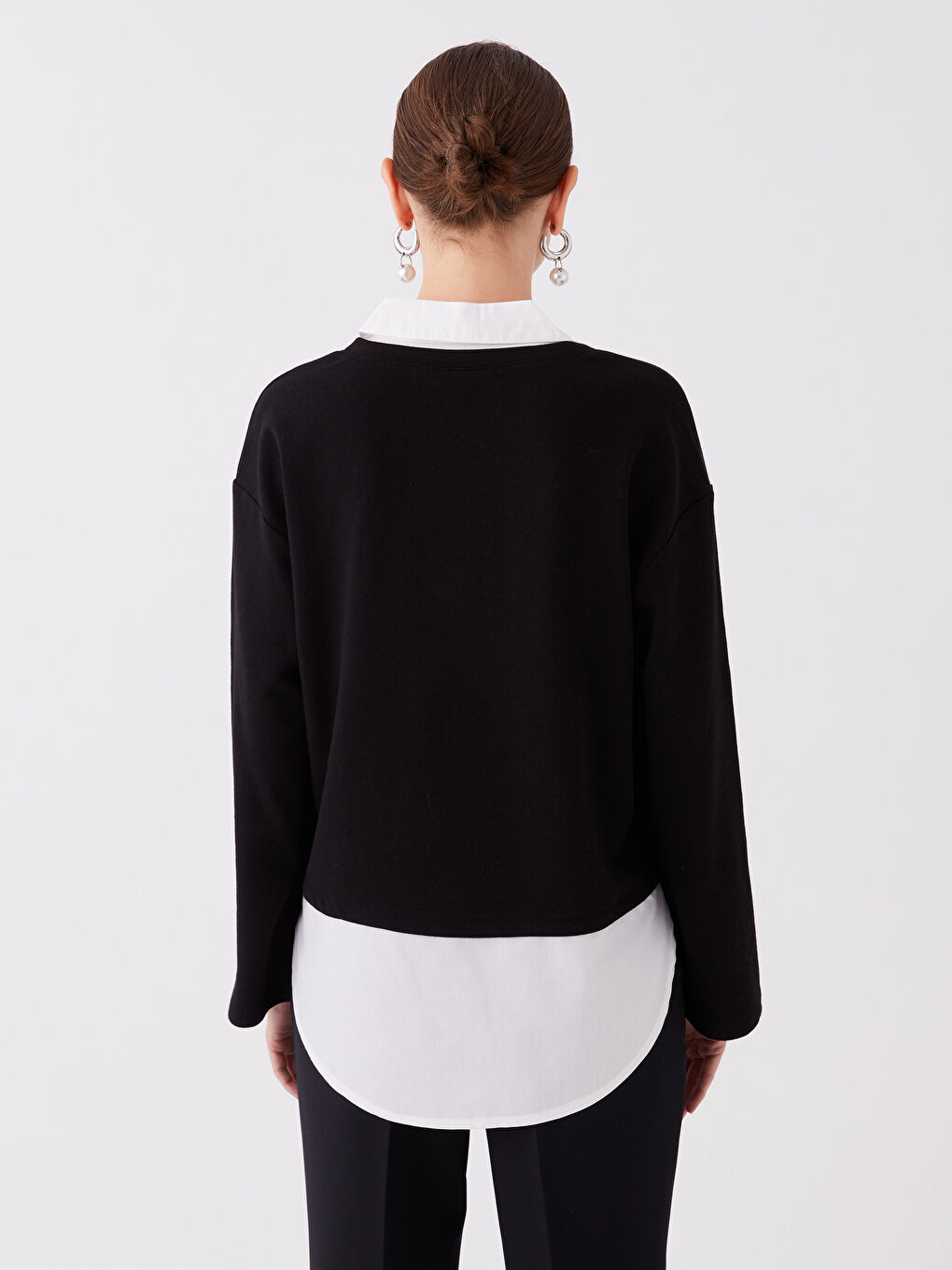 Siyah Gömlek Yaka Düz Oversize Kadın Sweatshirt-4