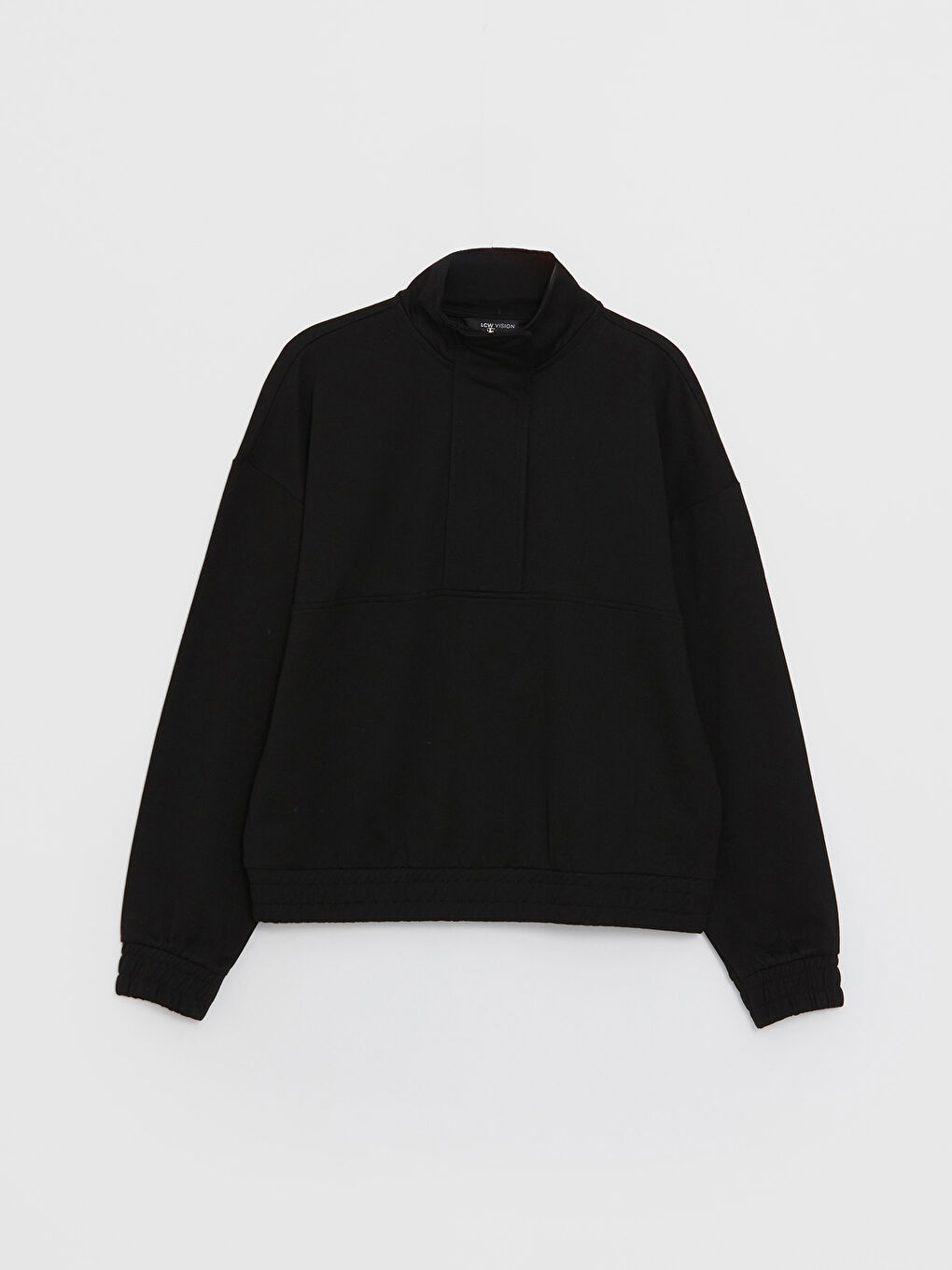 Siyah Dik Yaka Düz Uzun Kollu Kadın Sweatshirt-5