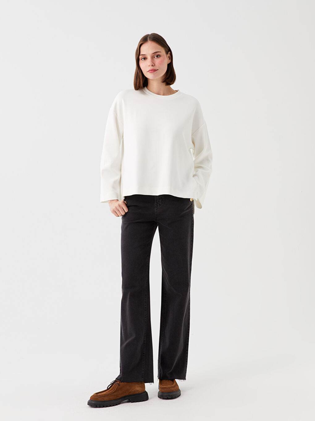 Ekru Bisiklet Yaka Oversize Kadın Sweatshirt-2