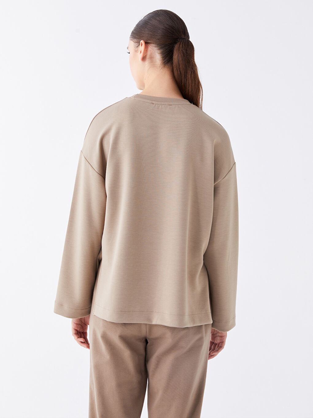 LCW Vision Açık Kahverengi Bisiklet Yaka Oversize Kadın Sweatshirt - 4