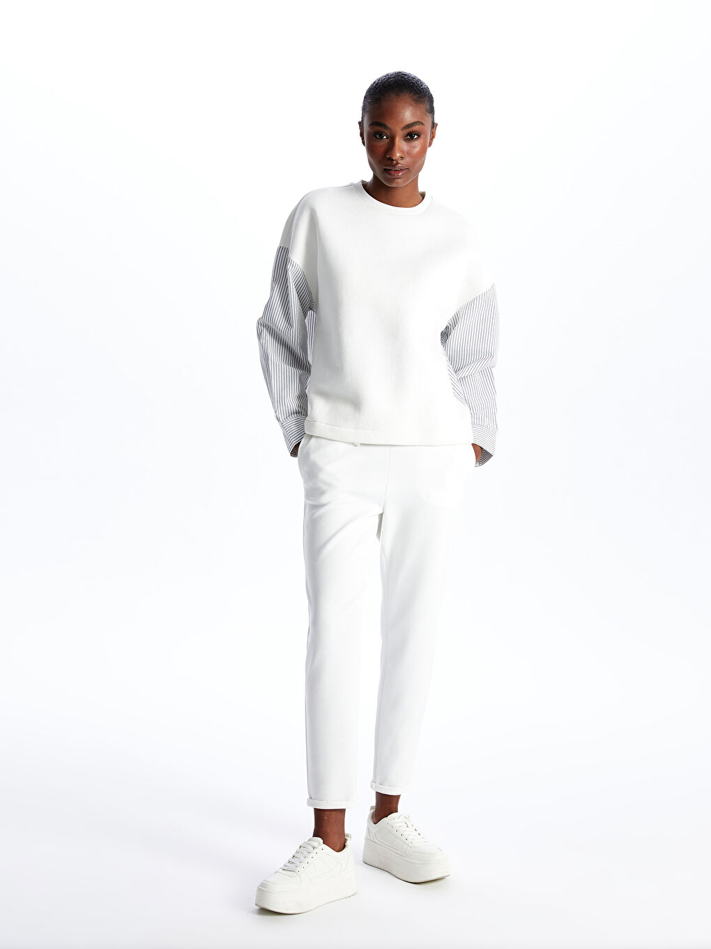 Ekru Kadın Beli Lastikli Düz Eşofman Altı