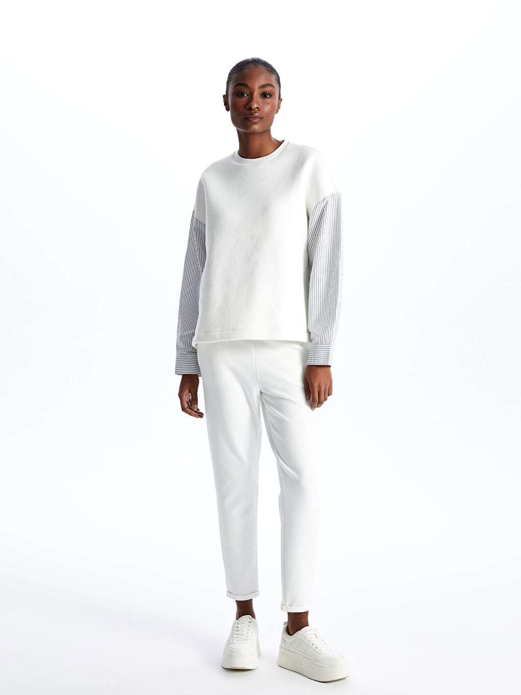 Ekru Kadın Beli Lastikli Düz Eşofman Altı-1