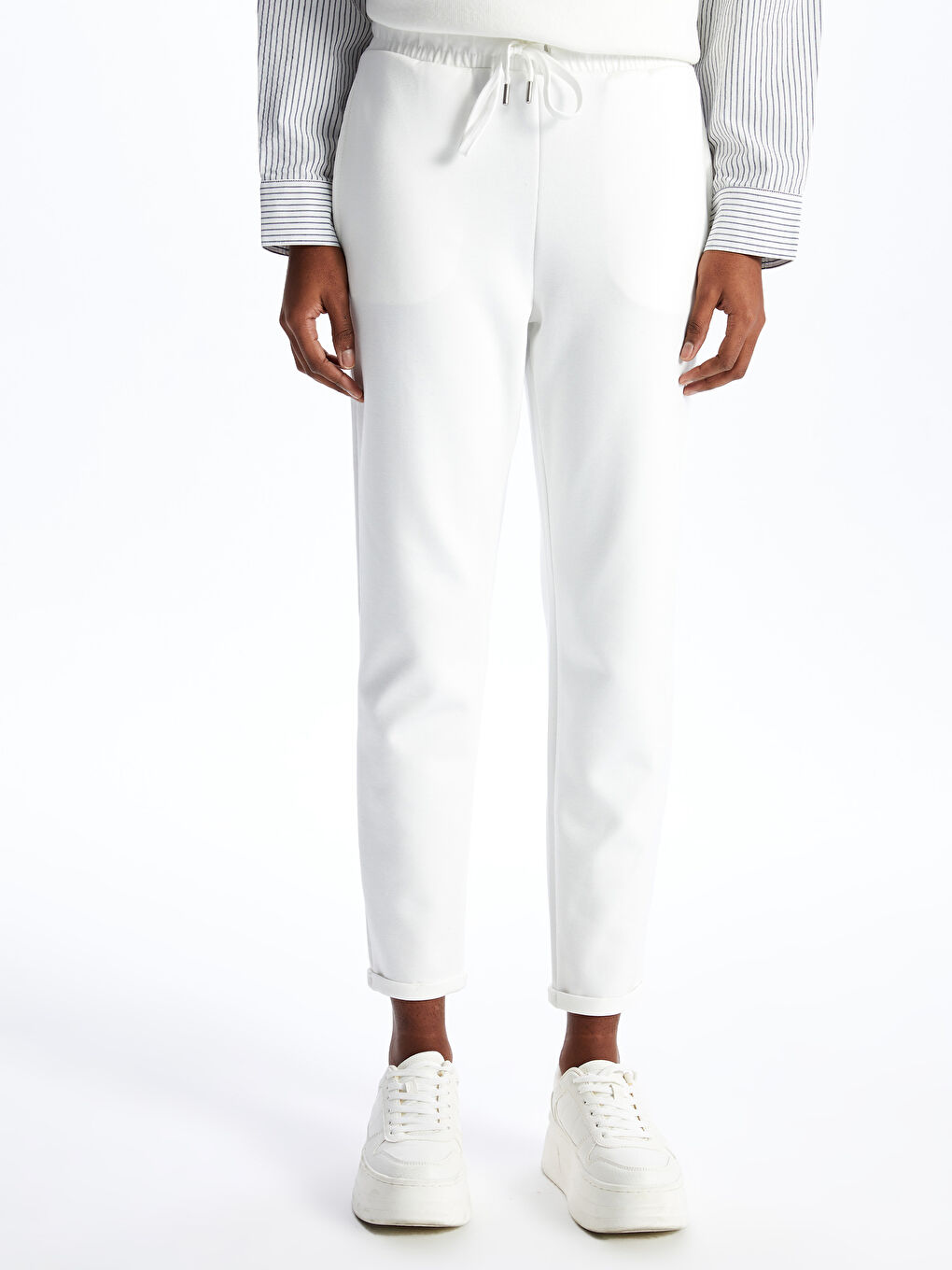 Ekru Kadın Beli Lastikli Düz Eşofman Altı-3