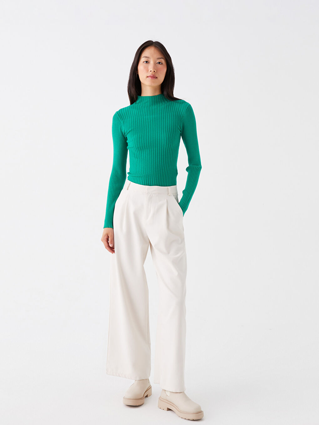 Half Turtleneck Self Patterned Long Sleeve Women's Tricot Sweater-1