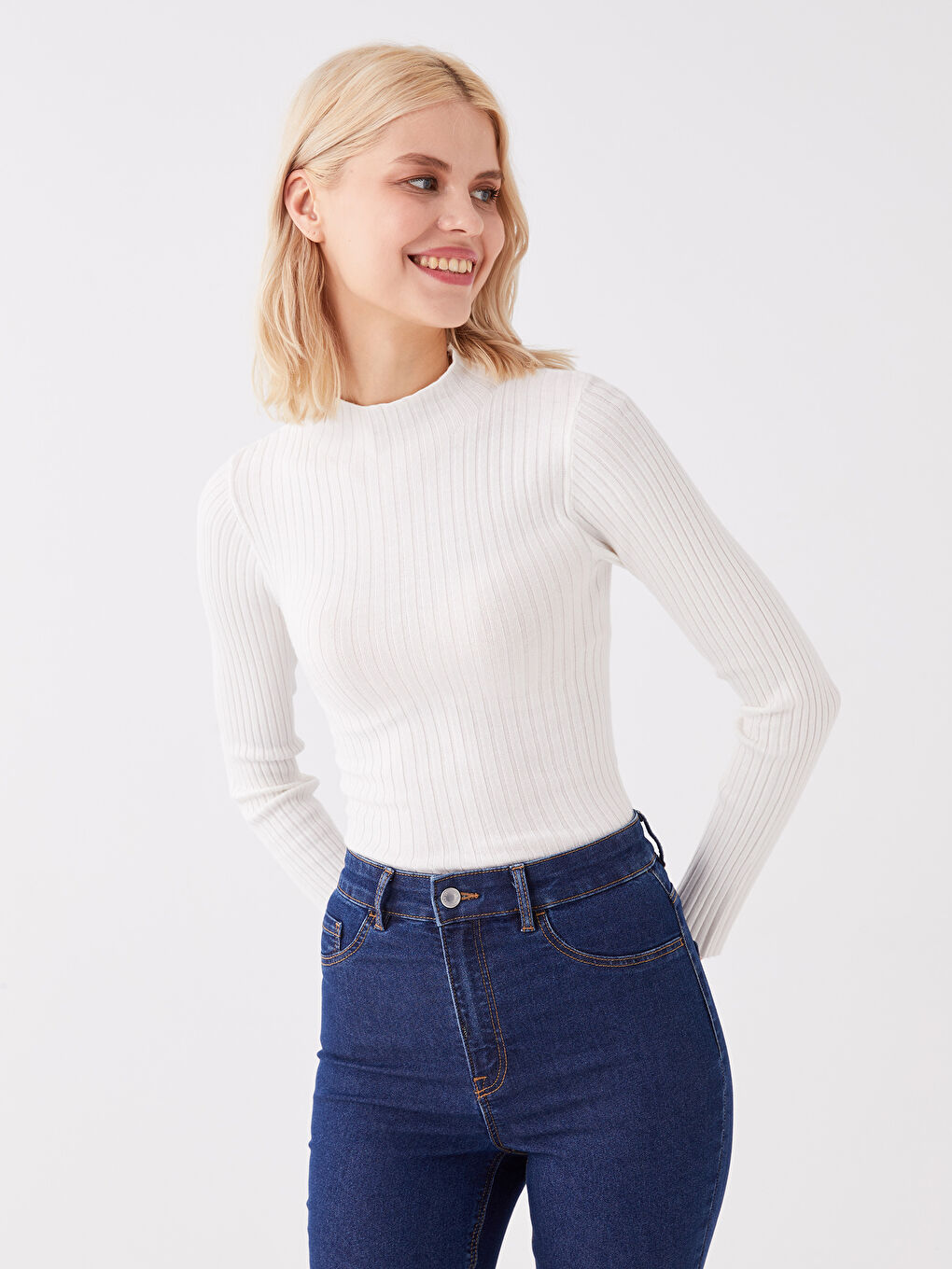 Half Turtleneck Self Patterned Long Sleeve Women's Tricot Sweater