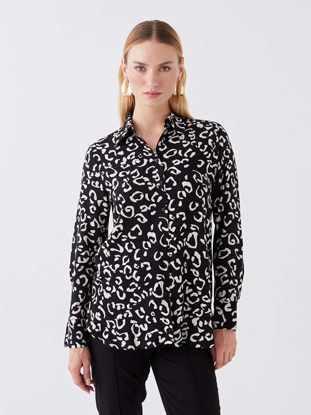 Siyah Desenli Uzun Kollu Kadın Gömlek
