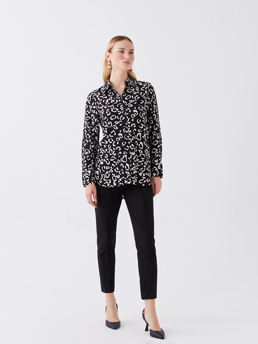Siyah Desenli Uzun Kollu Kadın Gömlek-1