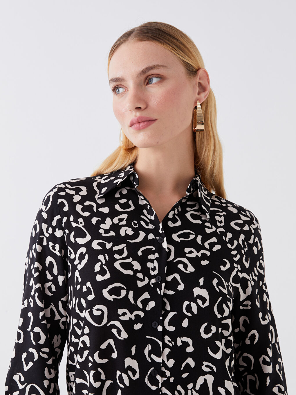 Siyah Desenli Uzun Kollu Kadın Gömlek-2