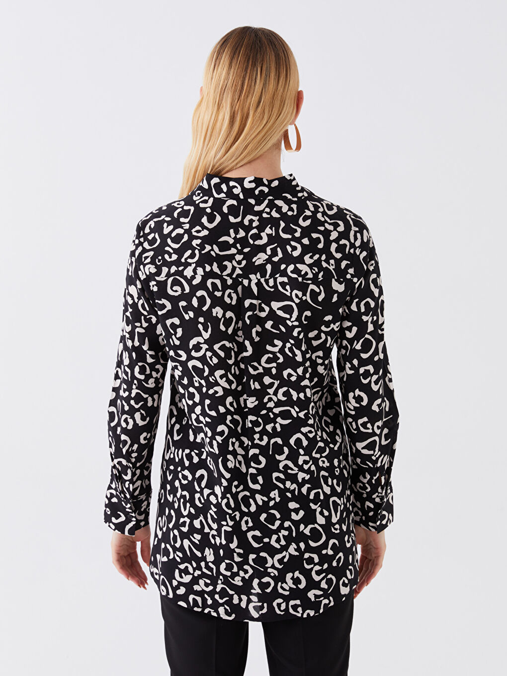 Siyah Desenli Uzun Kollu Kadın Gömlek-4