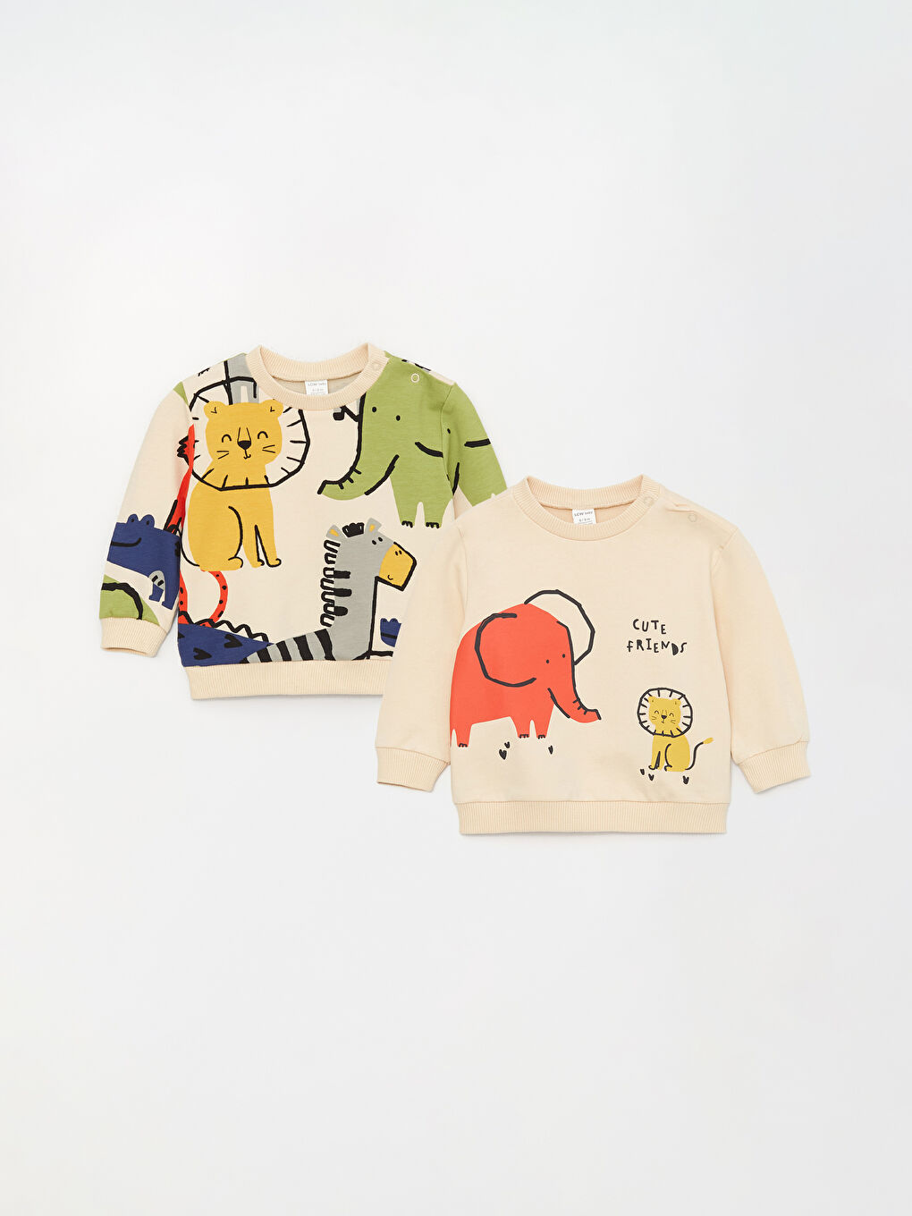 LCW baby Açık Bej Baskılı Bisiklet Yaka Baskılı Uzun Kollu Erkek Bebek Sweatshirt 2'li