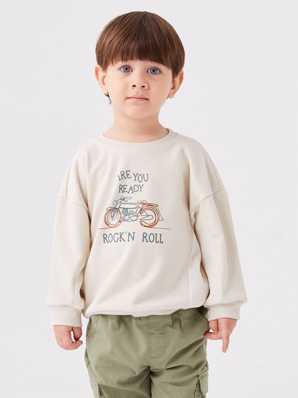 Gri Bisiklet Yaka Uzun Kollu Baskılı Erkek Bebek Sweatshirt