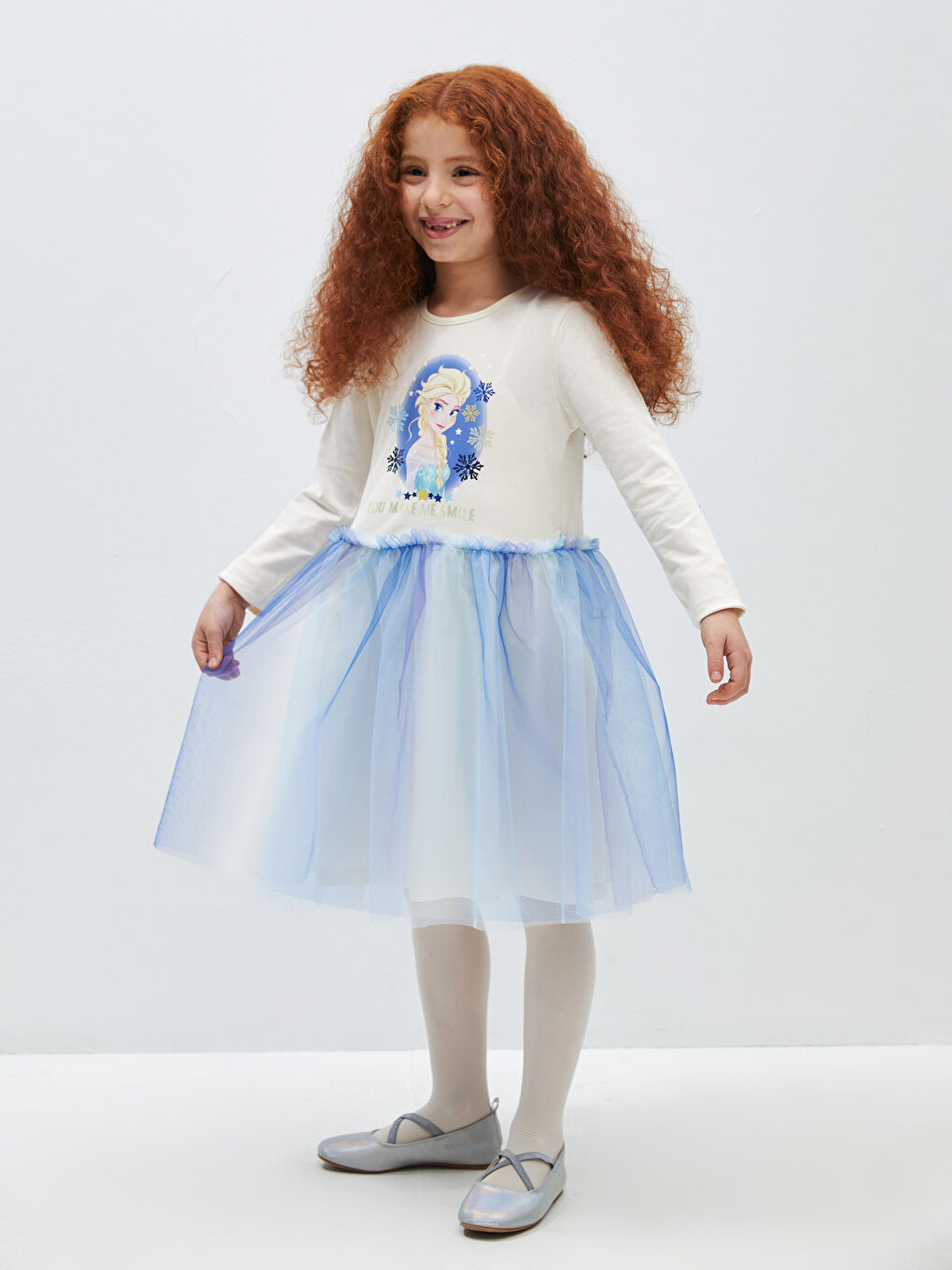 Ekru Bisiklet Yaka Elsa Baskılı Uzun Kollu Kız Çocuk Elbise