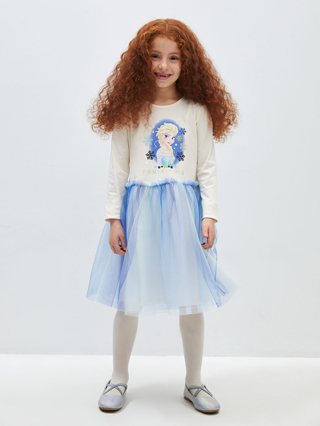 Ekru Bisiklet Yaka Elsa Baskılı Uzun Kollu Kız Çocuk Elbise-1