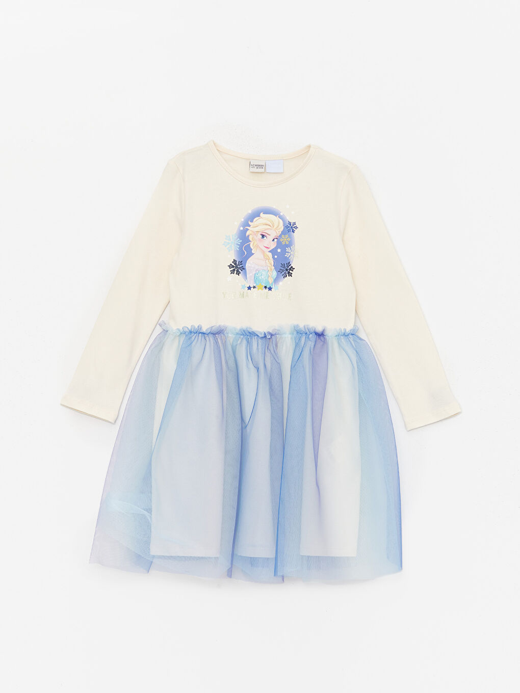Ekru Bisiklet Yaka Elsa Baskılı Uzun Kollu Kız Çocuk Elbise-2
