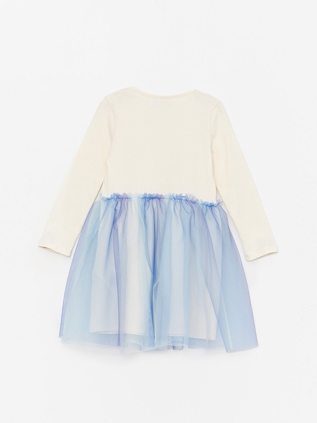 Ekru Bisiklet Yaka Elsa Baskılı Uzun Kollu Kız Çocuk Elbise-3